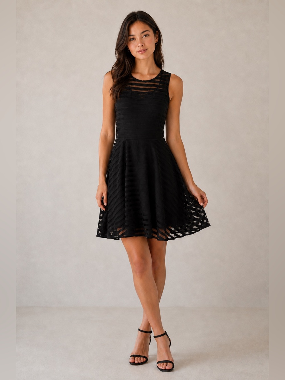 NWT Piperlime Collection Black Fit Flare Mesh Stripe Dress Size S Cocktail